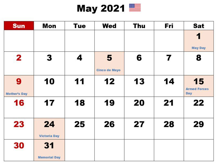 May 2021 Printable Calendar With Holidays