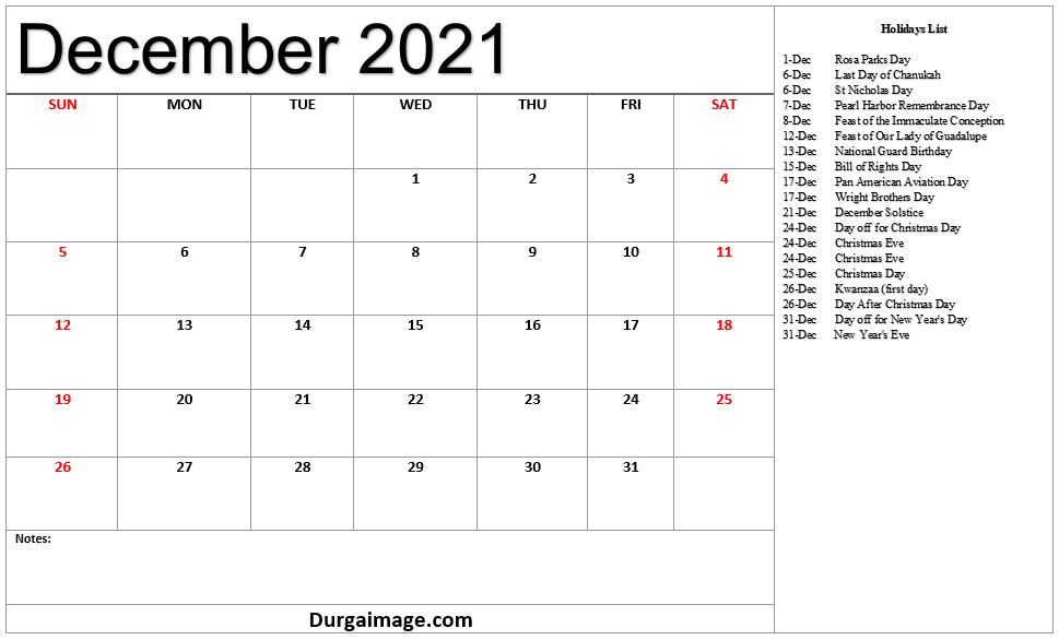 December 2021 Printable Calendar With Holiday LIists and Notes