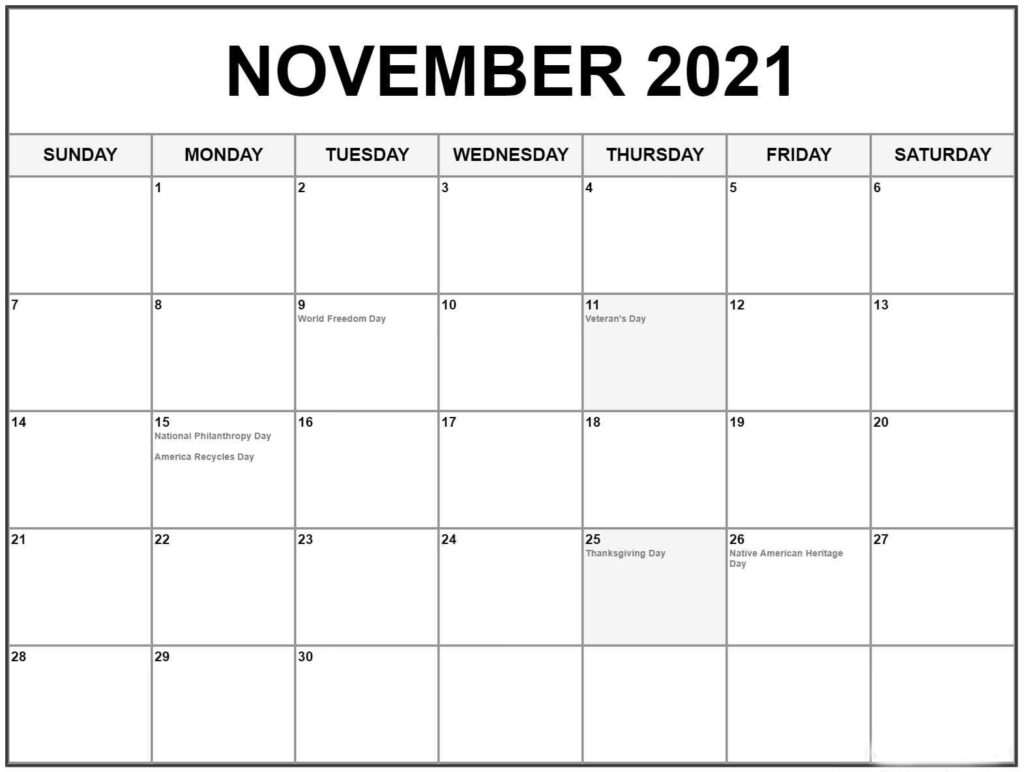 November 2021 Calendar With Holidays Wallpaper